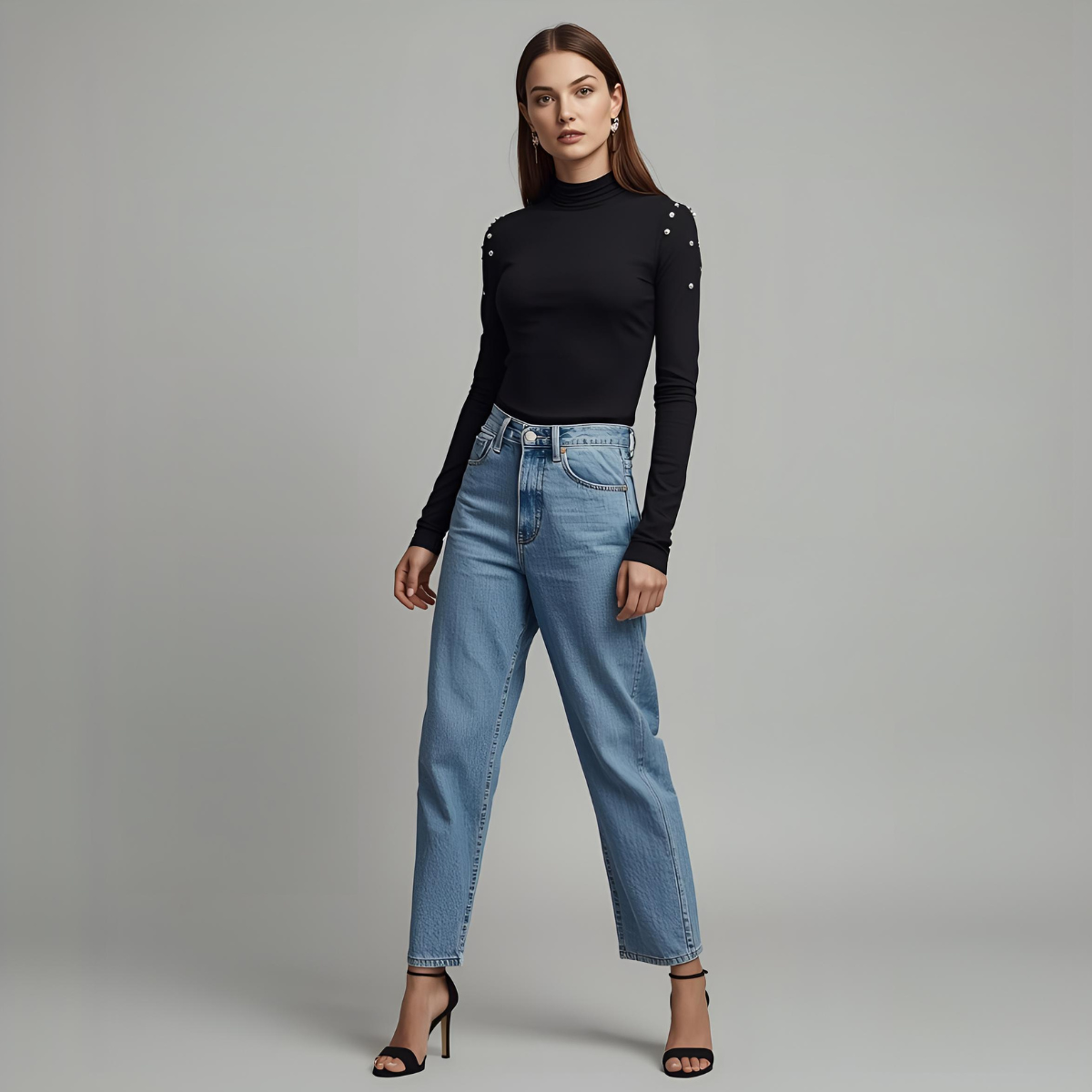 NOIRELLE | Elegantes schwarzes Langarm-Top mit Rollkragen und Perlendetails