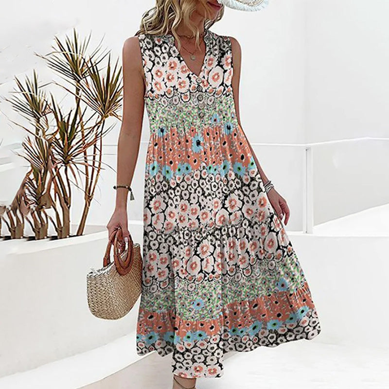 Stylisches ärmelloses Sommerkleid mit Blumendesign und V-Ausschnitt
