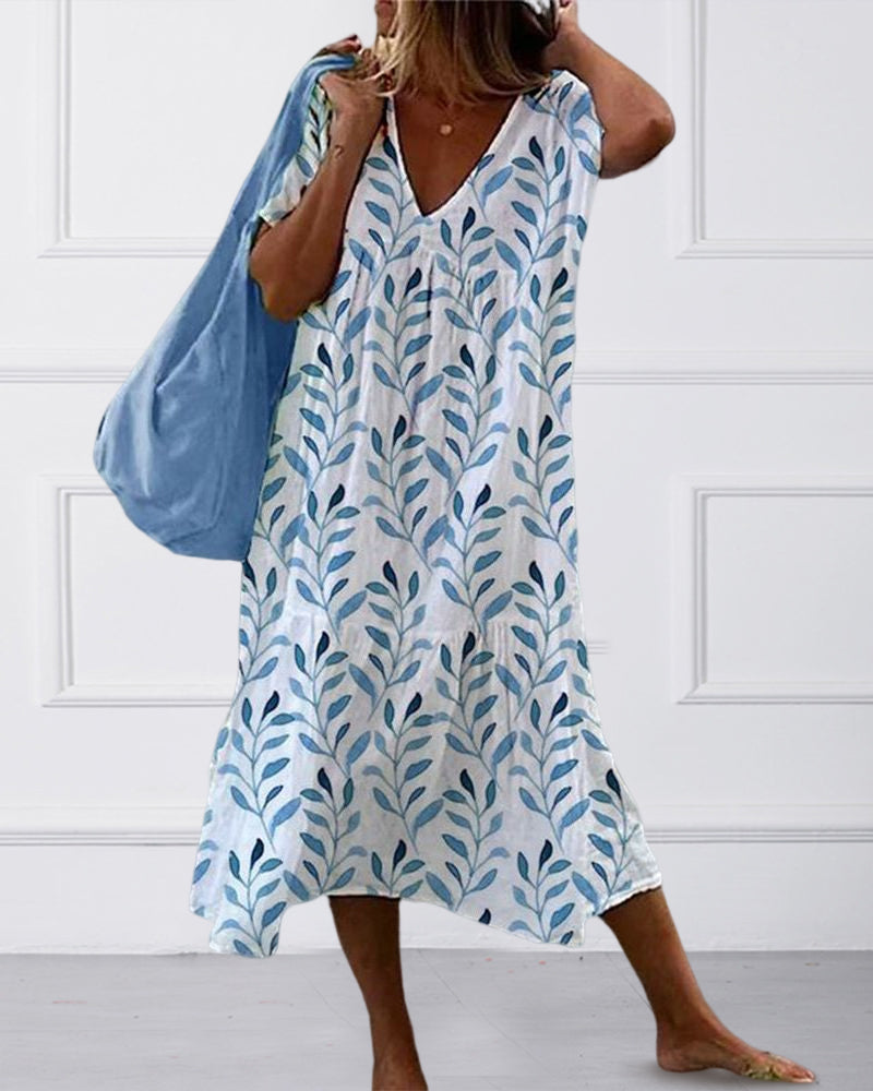 Fließendes Midikleid mit Blattmuster