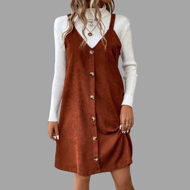 V-Neck Corduroy Dress with Strap Details and Button Accents