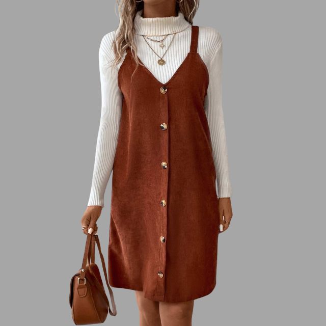 V-Neck Corduroy Dress with Strap Details and Button Accents